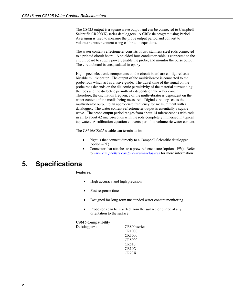 Specifications | Campbell Scientific CS616 and CS625 Water Content Reflectometers User Manual | Page 8 / 50