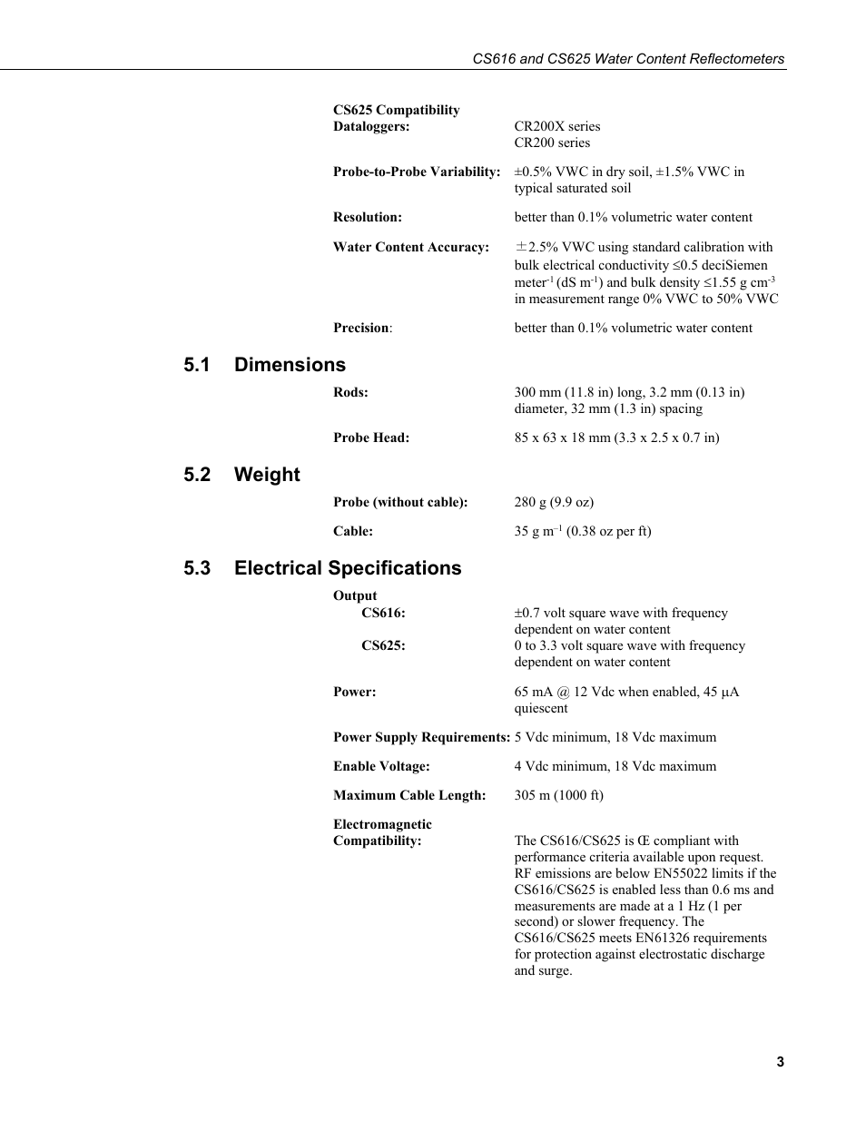 1 dimensions, 2 weight, 3 electrical specifications | Dimensions, Weight, Electrical specifications | Campbell Scientific CS616 and CS625 Water Content Reflectometers User Manual | Page 9 / 50