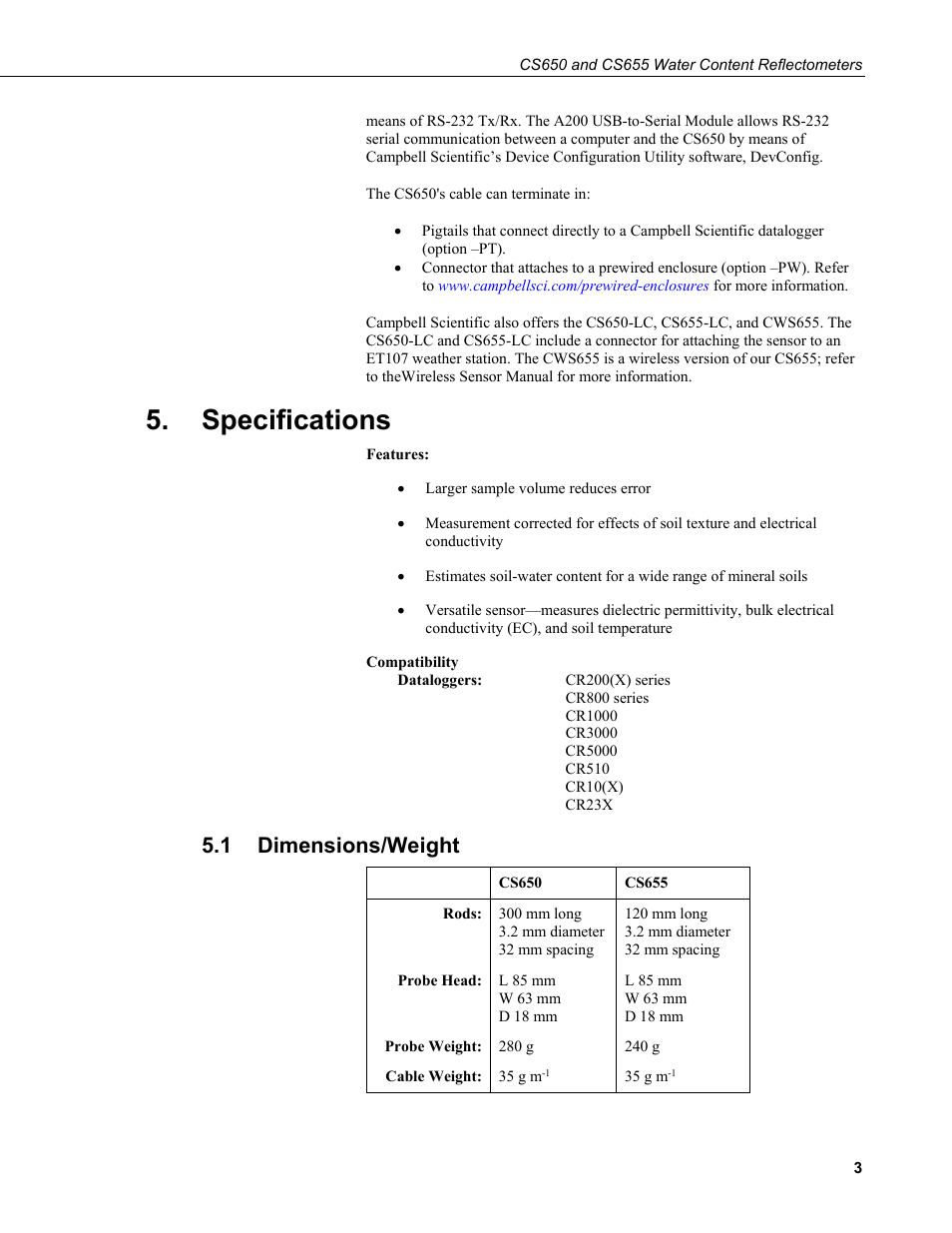 Specifications, 1 dimensions/weight, Dimensions/weight | Campbell Scientific CS650 and CS655 Water Content Reflectometers User Manual | Page 11 / 56