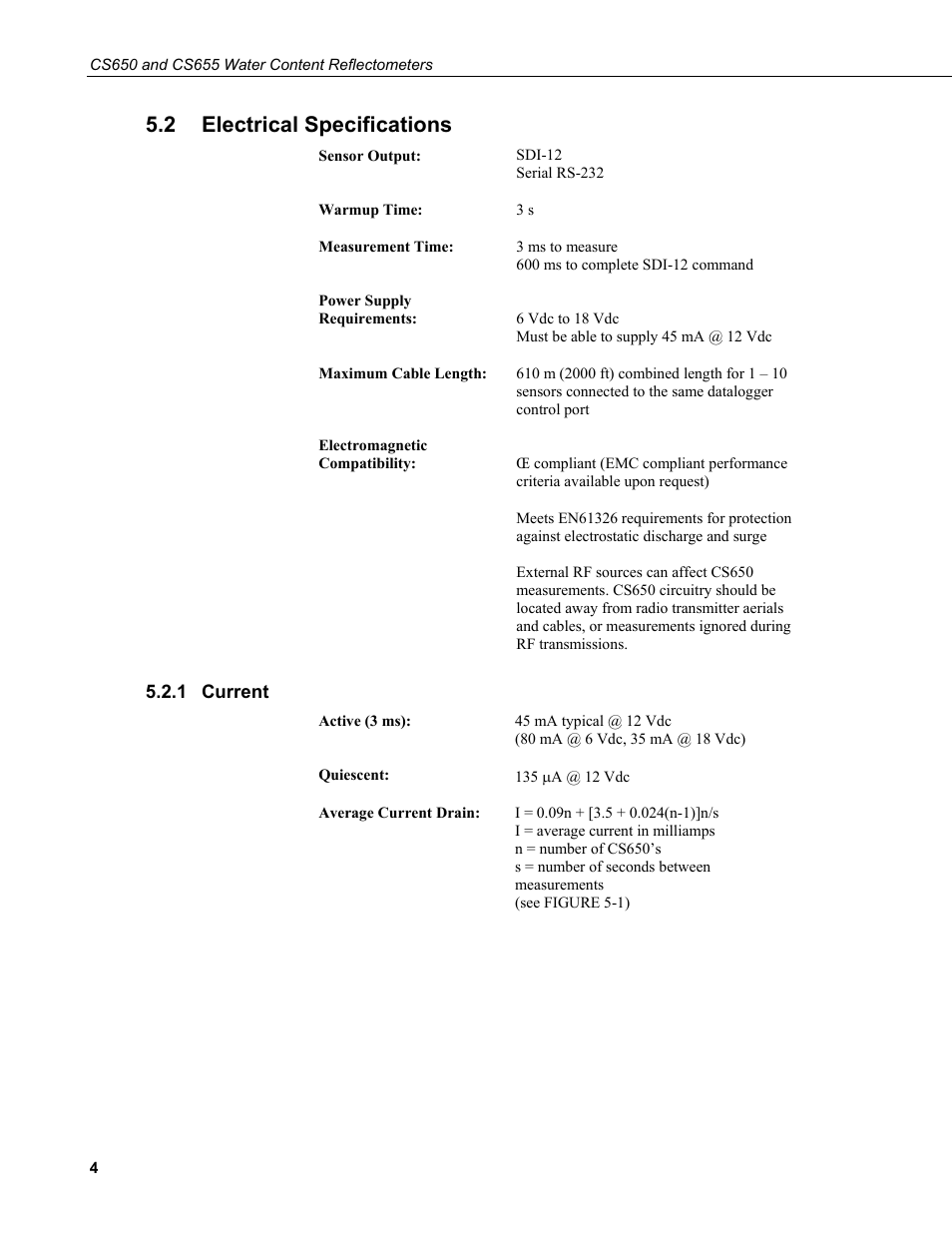2 electrical specifications, 1 current, Electrical specifications | Current | Campbell Scientific CS650 and CS655 Water Content Reflectometers User Manual | Page 12 / 56