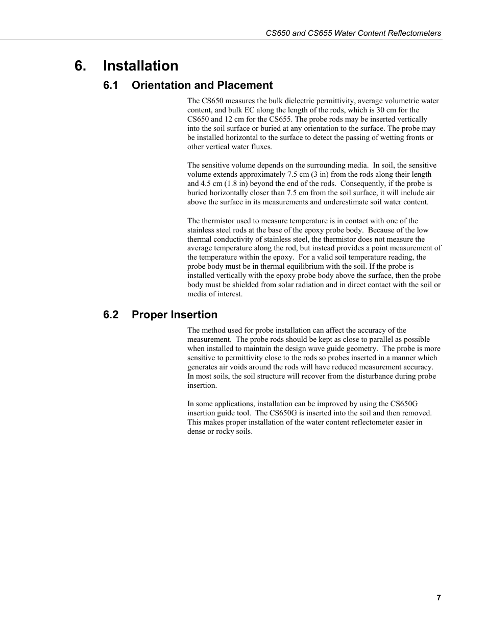 Installation, 1 orientation and placement, 2 proper insertion | Orientation and placement, Proper insertion | Campbell Scientific CS650 and CS655 Water Content Reflectometers User Manual | Page 15 / 56