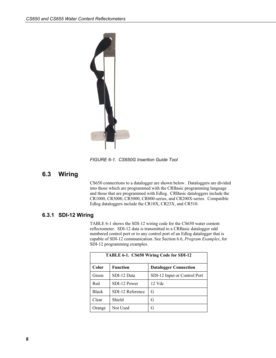 3 wiring, 1 sdi-12 wiring, Wiring | Sdi-12 wiring, 1. cs650g insertion guide tool, 1. cs650 wiring code for sdi-12 | Campbell Scientific CS650 and CS655 Water Content Reflectometers User Manual | Page 16 / 56