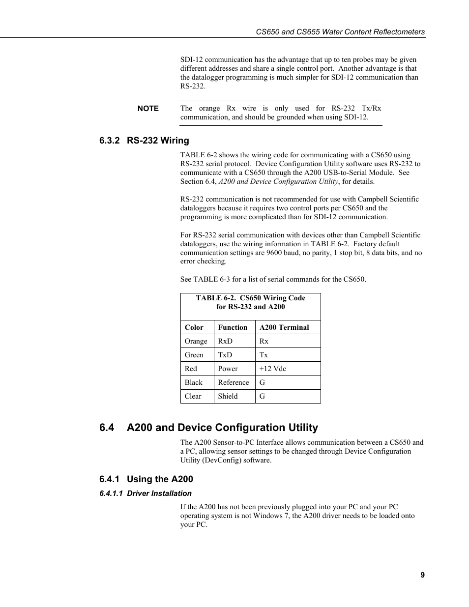 2 rs-232 wiring, 4 a200 and device configuration utility, 1 using the a200 | 1 driver installation, Rs-232 wiring, A200 and device configuration utility, Using the a200, Driver installation, 2. cs650 wiring code for rs-232 and a200 | Campbell Scientific CS650 and CS655 Water Content Reflectometers User Manual | Page 17 / 56