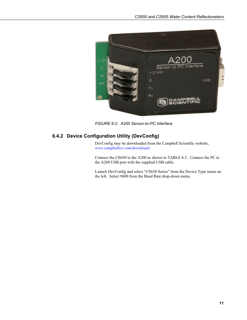2 device configuration utility (devconfig), Device configuration utility (devconfig), 2. a200 sensor-to-pc interface | Campbell Scientific CS650 and CS655 Water Content Reflectometers User Manual | Page 19 / 56