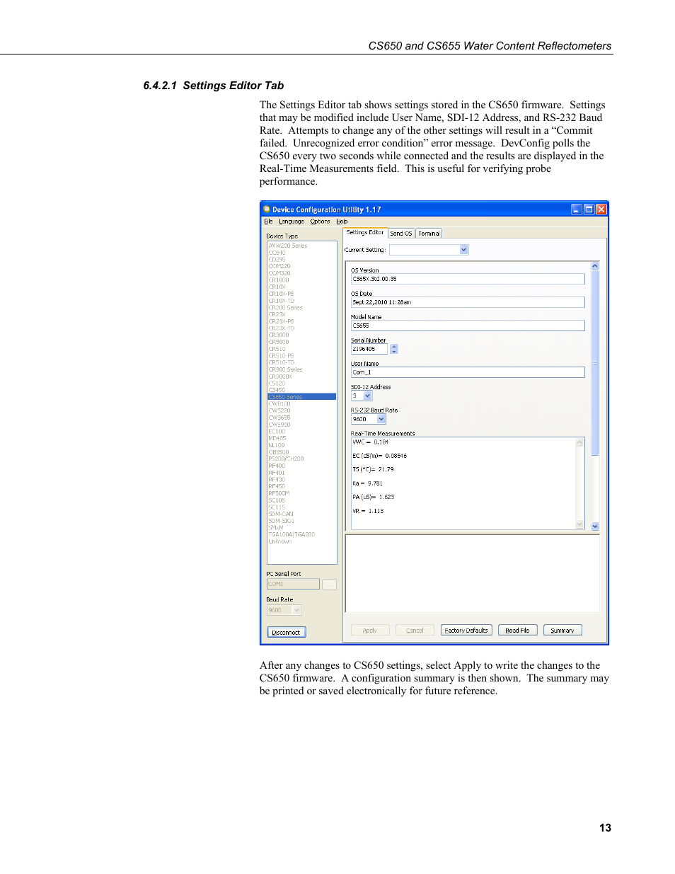 1 settings editor tab, Settings editor tab | Campbell Scientific CS650 and CS655 Water Content Reflectometers User Manual | Page 21 / 56