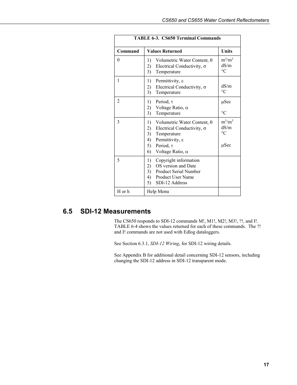 5 sdi-12 measurements, Sdi-12 measurements, 3. cs650 terminal commands | Campbell Scientific CS650 and CS655 Water Content Reflectometers User Manual | Page 25 / 56
