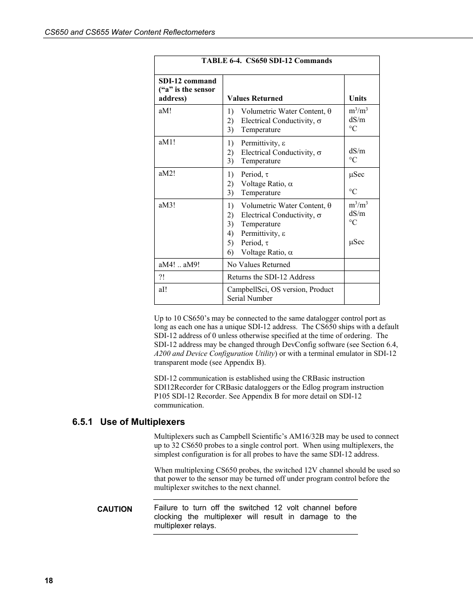 1 use of multiplexers, Use of multiplexers, 4. cs650 sdi-12 commands | Campbell Scientific CS650 and CS655 Water Content Reflectometers User Manual | Page 26 / 56
