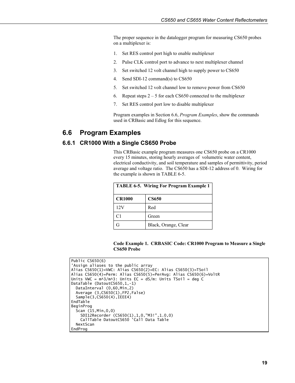 6 program examples, 1 cr1000 with a single cs650 probe, Program examples | Cr1000 with a single cs650 probe, 5. wiring for program example 1 | Campbell Scientific CS650 and CS655 Water Content Reflectometers User Manual | Page 27 / 56