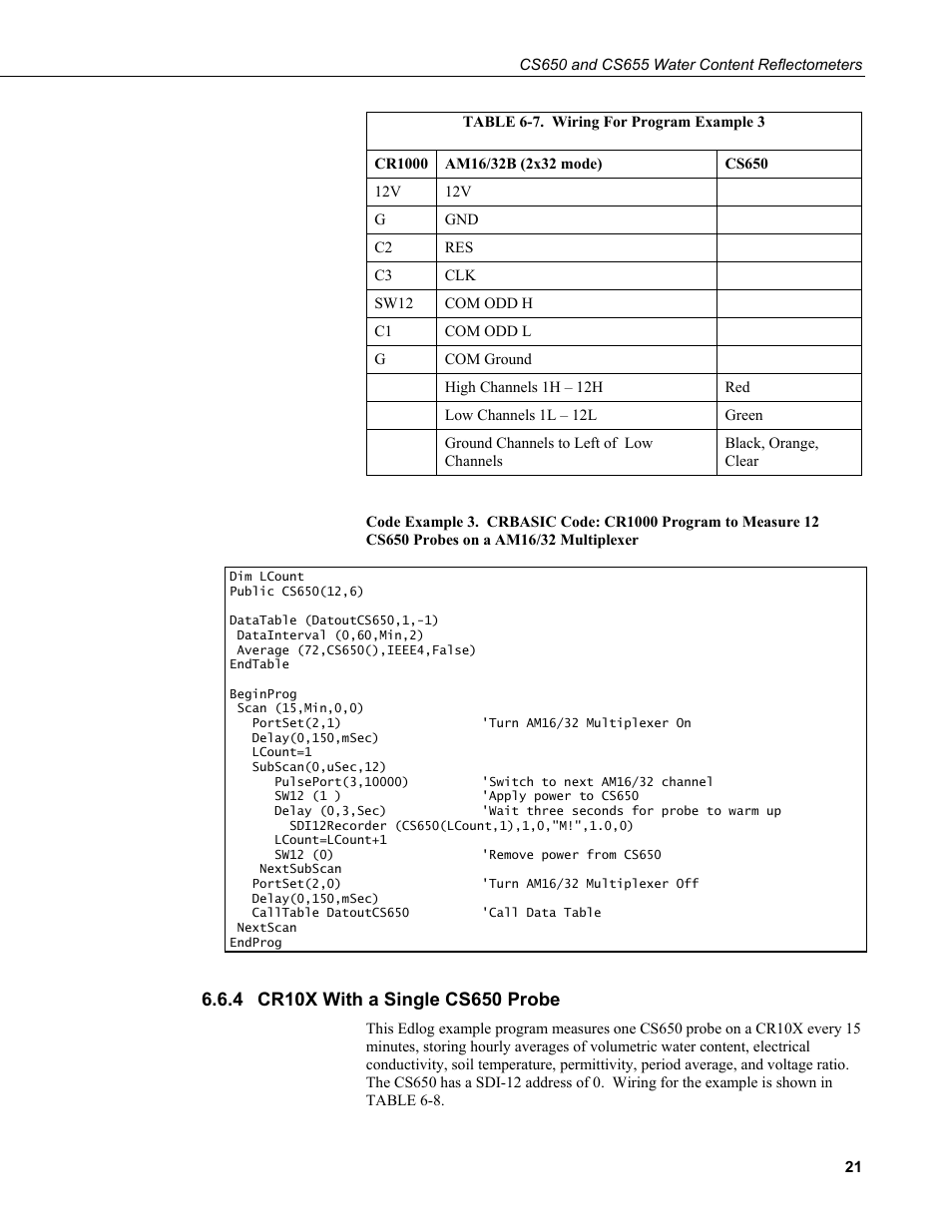 4 cr10x with a single cs650 probe, Cr10x with a single cs650 probe, 7. wiring for program example 3 | Campbell Scientific CS650 and CS655 Water Content Reflectometers User Manual | Page 29 / 56