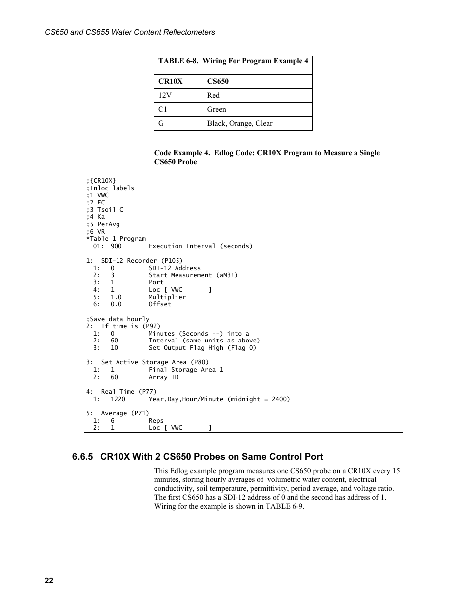 5 cr10x with 2 cs650 probes on same control port, Cr10x with 2 cs650 probes on same control port, 8. wiring for program example 4 | Campbell Scientific CS650 and CS655 Water Content Reflectometers User Manual | Page 30 / 56