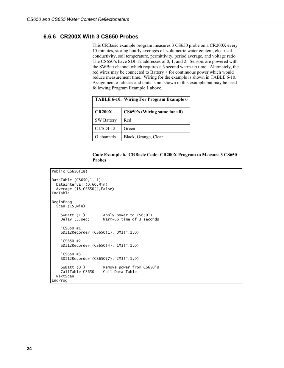 6 cr200x with 3 cs650 probes, Cr200x with 3 cs650 probes, 10. wiring for program example 6 | Campbell Scientific CS650 and CS655 Water Content Reflectometers User Manual | Page 32 / 56