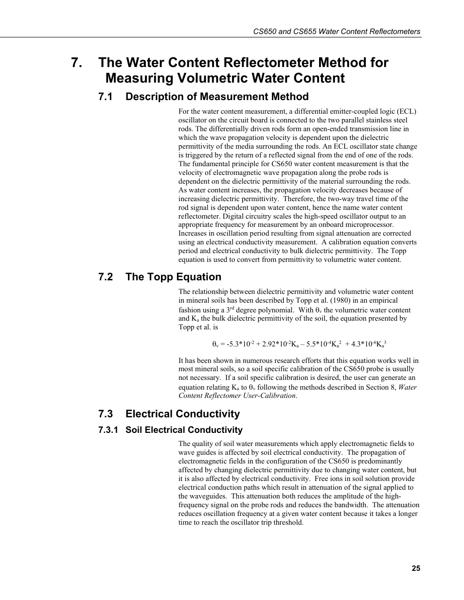 1 description of measurement method, 2 the topp equation, 3 electrical conductivity | 1 soil electrical conductivity, The water content reflectometer method for, Measuring volumetric water content, Description of measurement method, The topp equation, Electrical conductivity, Soil electrical conductivity | Campbell Scientific CS650 and CS655 Water Content Reflectometers User Manual | Page 33 / 56