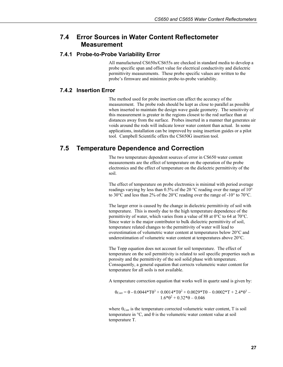 1 probe-to-probe variability error, 2 insertion error, 5 temperature dependence and correction | Probe-to-probe variability error, Insertion error, Temperature dependence and correction | Campbell Scientific CS650 and CS655 Water Content Reflectometers User Manual | Page 35 / 56