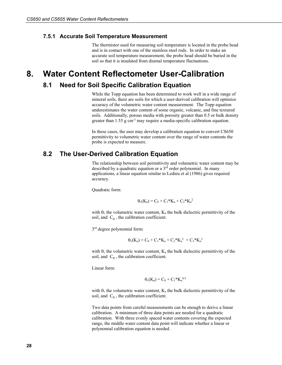 1 accurate soil temperature measurement, Water content reflectometer user-calibration, 1 need for soil specific calibration equation | 2 the user-derived calibration equation, Accurate soil temperature measurement, Need for soil specific calibration equation, The user-derived calibration equation | Campbell Scientific CS650 and CS655 Water Content Reflectometers User Manual | Page 36 / 56