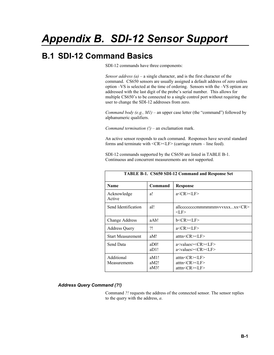Appendix b. sdi-12 sensor support, B.1 sdi-12 command basics, Address query command (?!) | Campbell Scientific CS650 and CS655 Water Content Reflectometers User Manual | Page 47 / 56