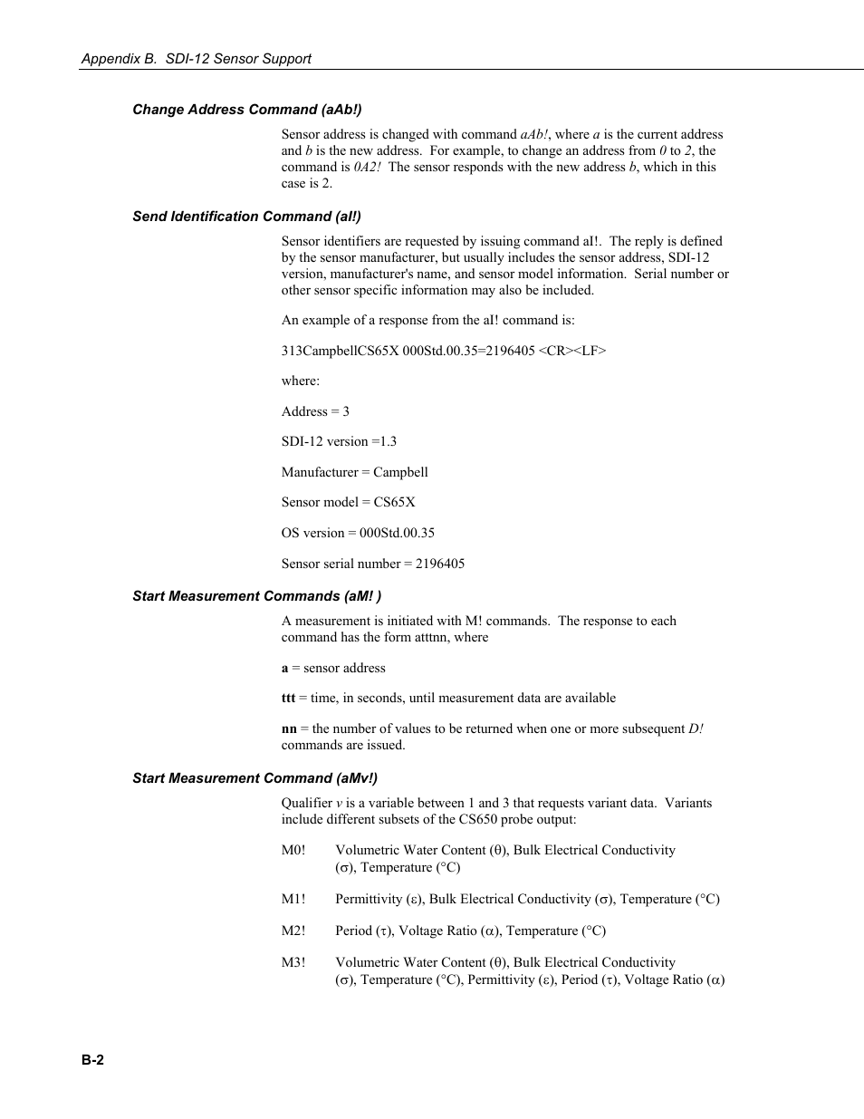 Change address command (aab!), Send identification command (ai!), Start measurement commands (am! ) | Start measurement command (amv!) | Campbell Scientific CS650 and CS655 Water Content Reflectometers User Manual | Page 48 / 56