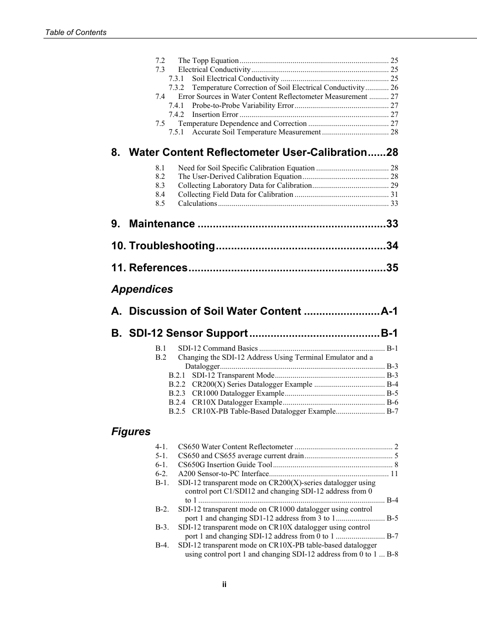 Water content reflectometer user-calibration, Maintenance, Troubleshooting | References, Appendices a, Figures | Campbell Scientific CS650 and CS655 Water Content Reflectometers User Manual | Page 6 / 56