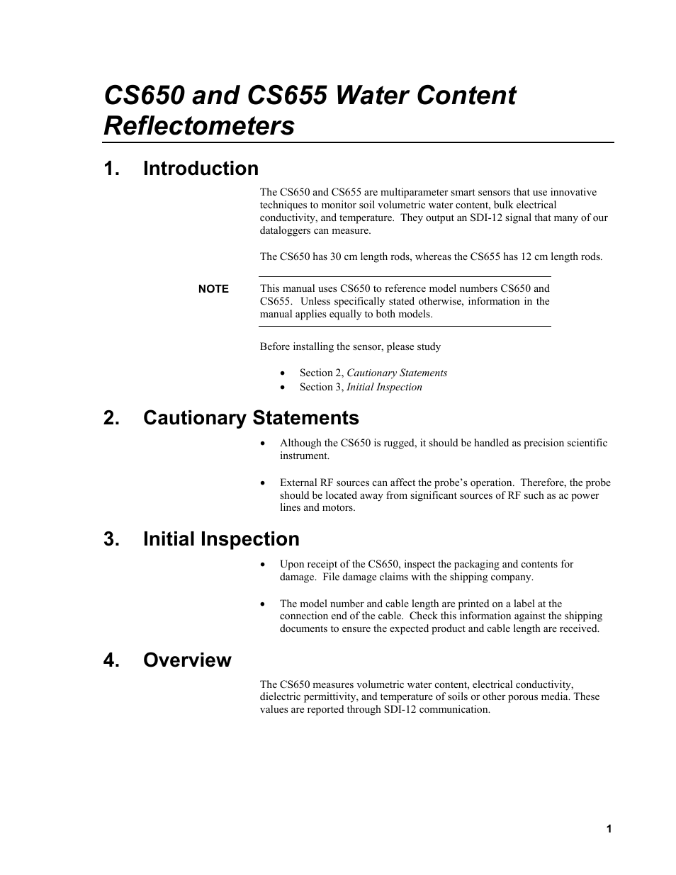 Introduction, Cautionary statements, Initial inspection | Overview | Campbell Scientific CS650 and CS655 Water Content Reflectometers User Manual | Page 9 / 56