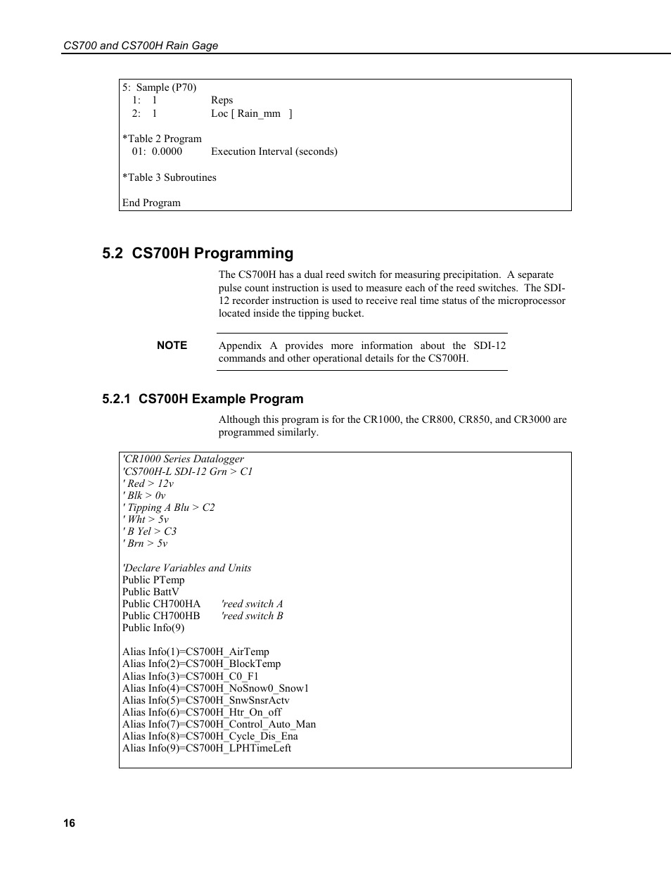 2 cs700h programming, 1 cs700h example program | Campbell Scientific CS700 Tipping Bucket Rain Gage and CS700H Heated Rain Gage User Manual | Page 20 / 42