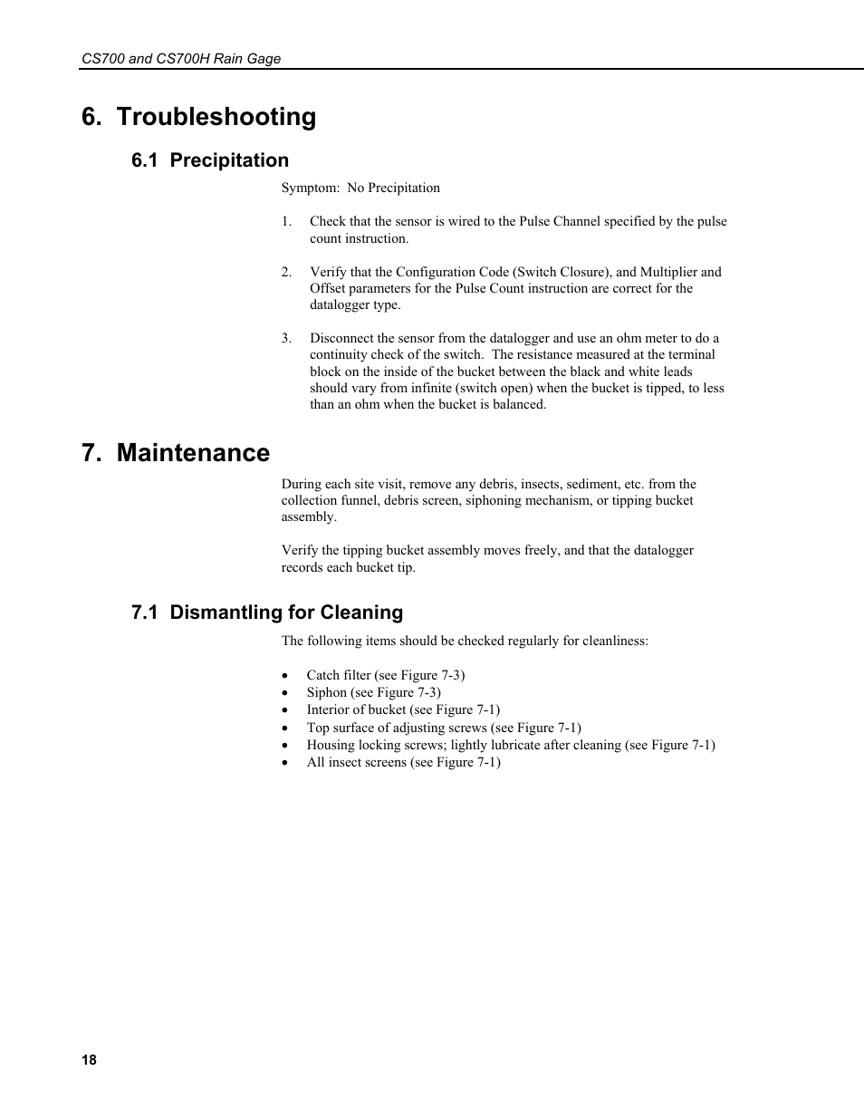 Troubleshooting, 1 precipitation, Maintenance | 1 dismantling for cleaning | Campbell Scientific CS700 Tipping Bucket Rain Gage and CS700H Heated Rain Gage User Manual | Page 22 / 42