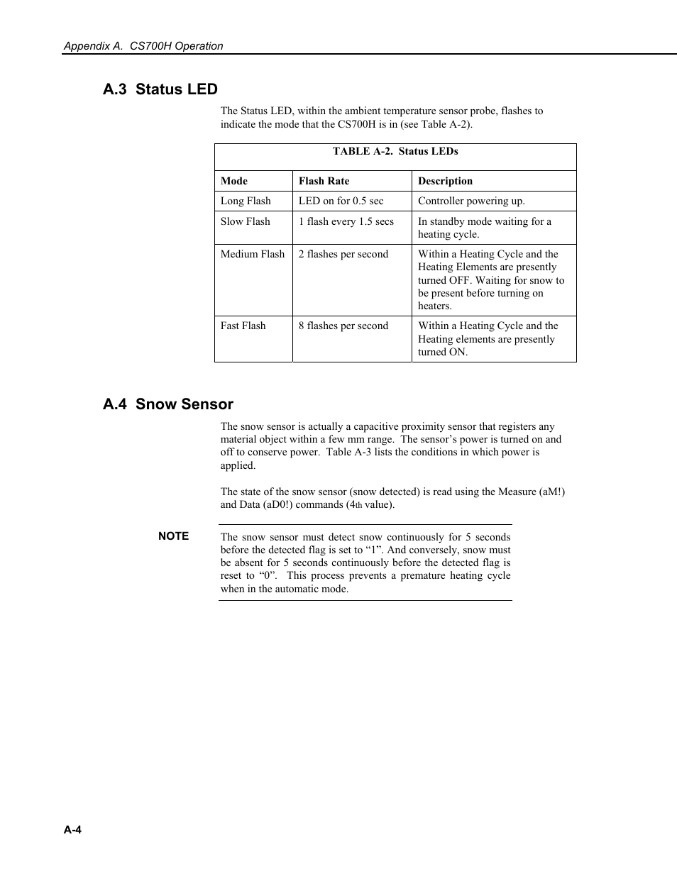 A.3 status led, A.4 snow sensor | Campbell Scientific CS700 Tipping Bucket Rain Gage and CS700H Heated Rain Gage User Manual | Page 32 / 42