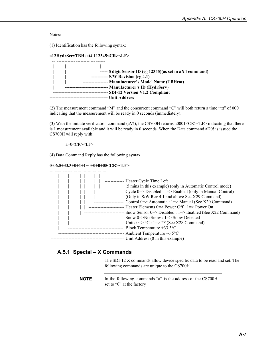 A.5.1 special – x commands | Campbell Scientific CS700 Tipping Bucket Rain Gage and CS700H Heated Rain Gage User Manual | Page 35 / 42