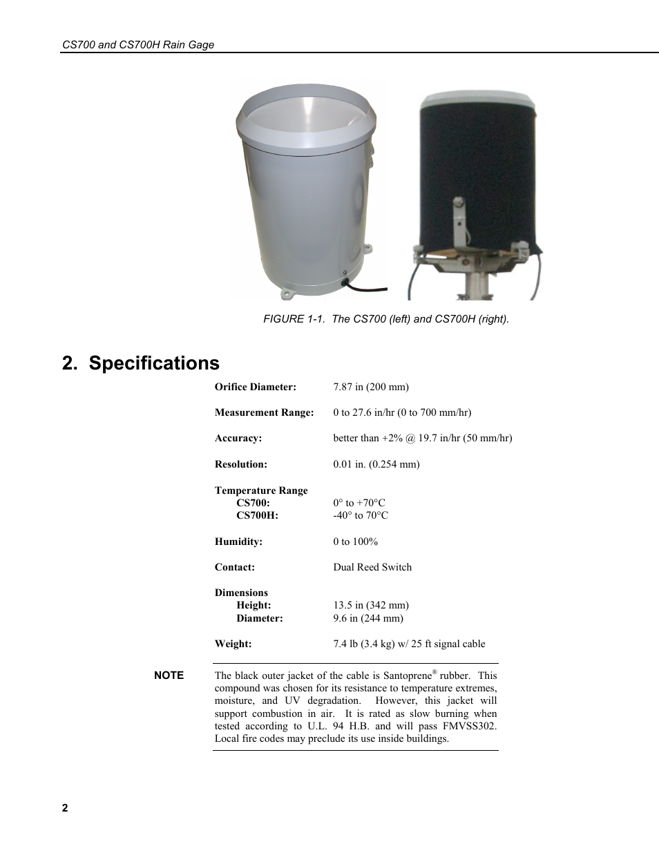 Specifications | Campbell Scientific CS700 Tipping Bucket Rain Gage and CS700H Heated Rain Gage User Manual | Page 6 / 42