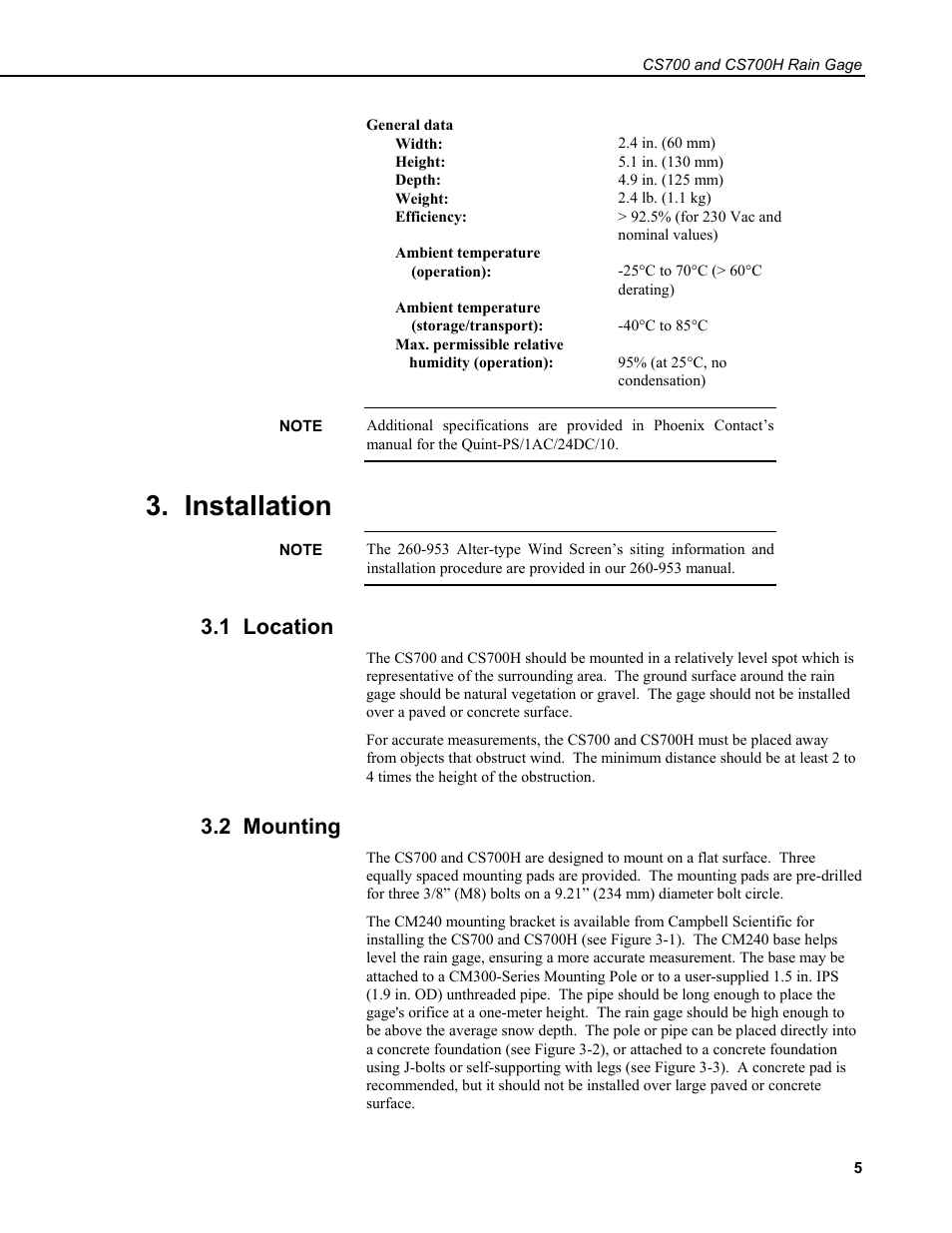 Installation, 1 location, 2 mounting | Campbell Scientific CS700 Tipping Bucket Rain Gage and CS700H Heated Rain Gage User Manual | Page 9 / 42
