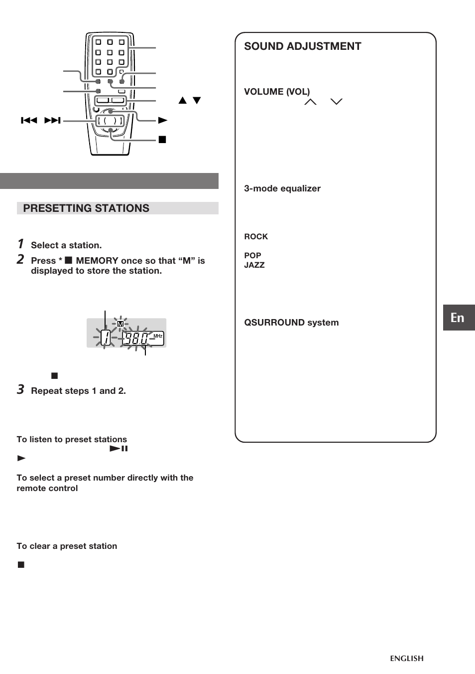 Presetting stations, Sound adjustment | Aiwa CA-DW538 User Manual | Page 7 / 12