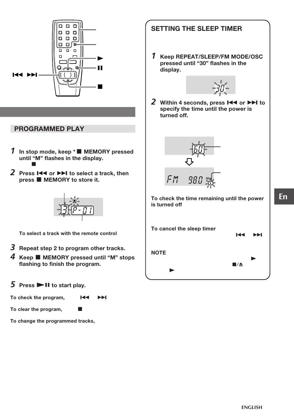 Programmed play, Setting the sleep timer | Aiwa CA-DW538 User Manual | Page 9 / 12