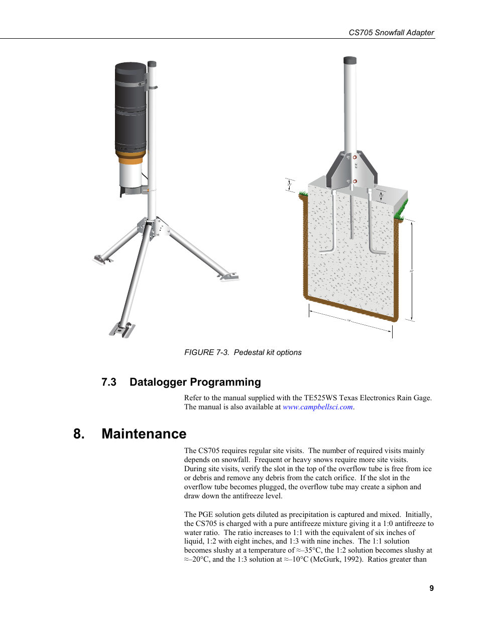 3 datalogger programming, Maintenance, Datalogger programming | 3. pedestal, Options | Campbell Scientific CS705 Tipping Bucket Snowfall Adapter User Manual | Page 15 / 28