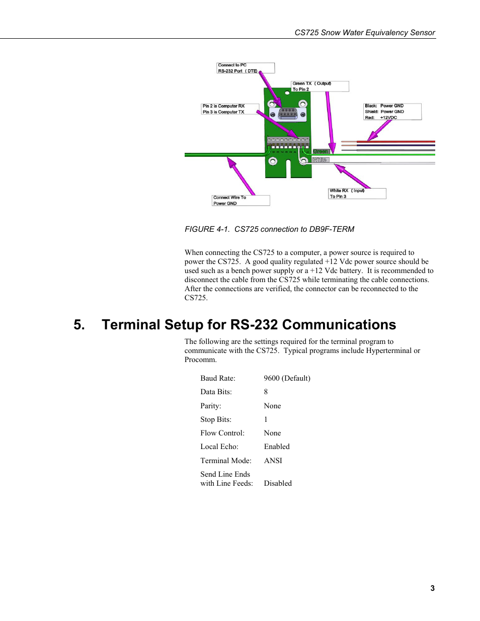 Terminal setup for rs-232 communications, 1. cs725 connection to db9f-term | Campbell Scientific CS725 Snow Water Equivalency Sensor User Manual | Page 11 / 48
