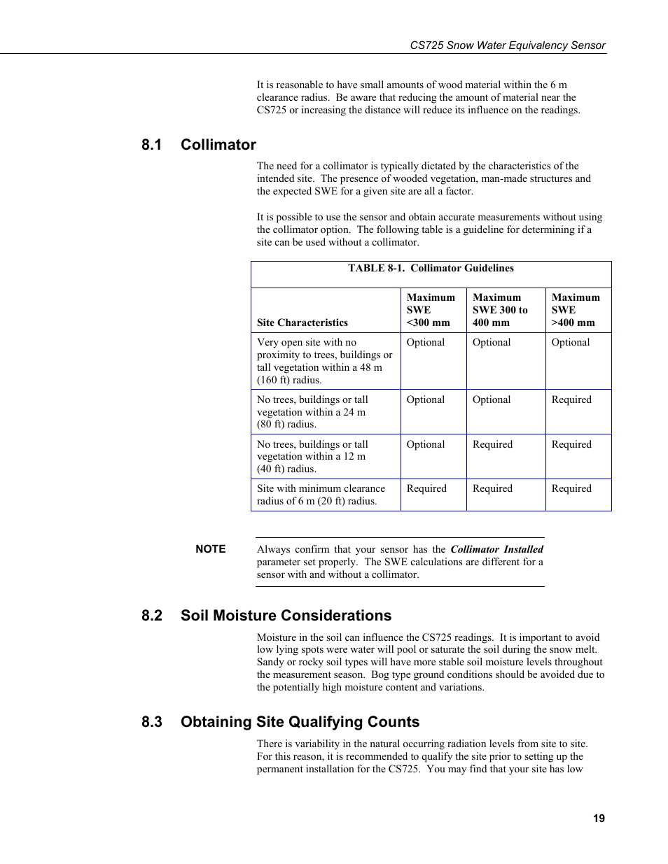 1 collimator, 2 soil moisture considerations, 3 obtaining site qualifying counts | Collimator, Soil moisture considerations, Obtaining site qualifying counts, 1. collimator, Guidelines | Campbell Scientific CS725 Snow Water Equivalency Sensor User Manual | Page 27 / 48