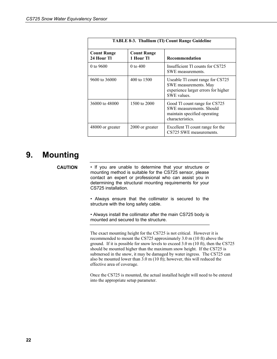 Mounting, 3. thallium (tl) count range guideline | Campbell Scientific CS725 Snow Water Equivalency Sensor User Manual | Page 30 / 48