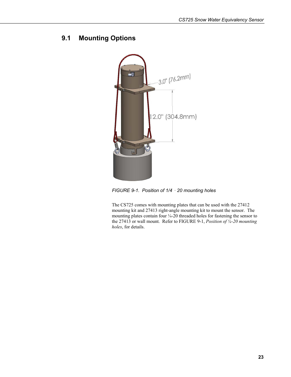 1 mounting options, Mounting options, 1. position of 1/4‐20 mounting holes | Campbell Scientific CS725 Snow Water Equivalency Sensor User Manual | Page 31 / 48