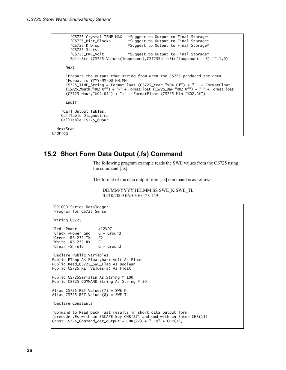 2 short form data output (.fs) command, Short form data output (.fs) command | Campbell Scientific CS725 Snow Water Equivalency Sensor User Manual | Page 44 / 48