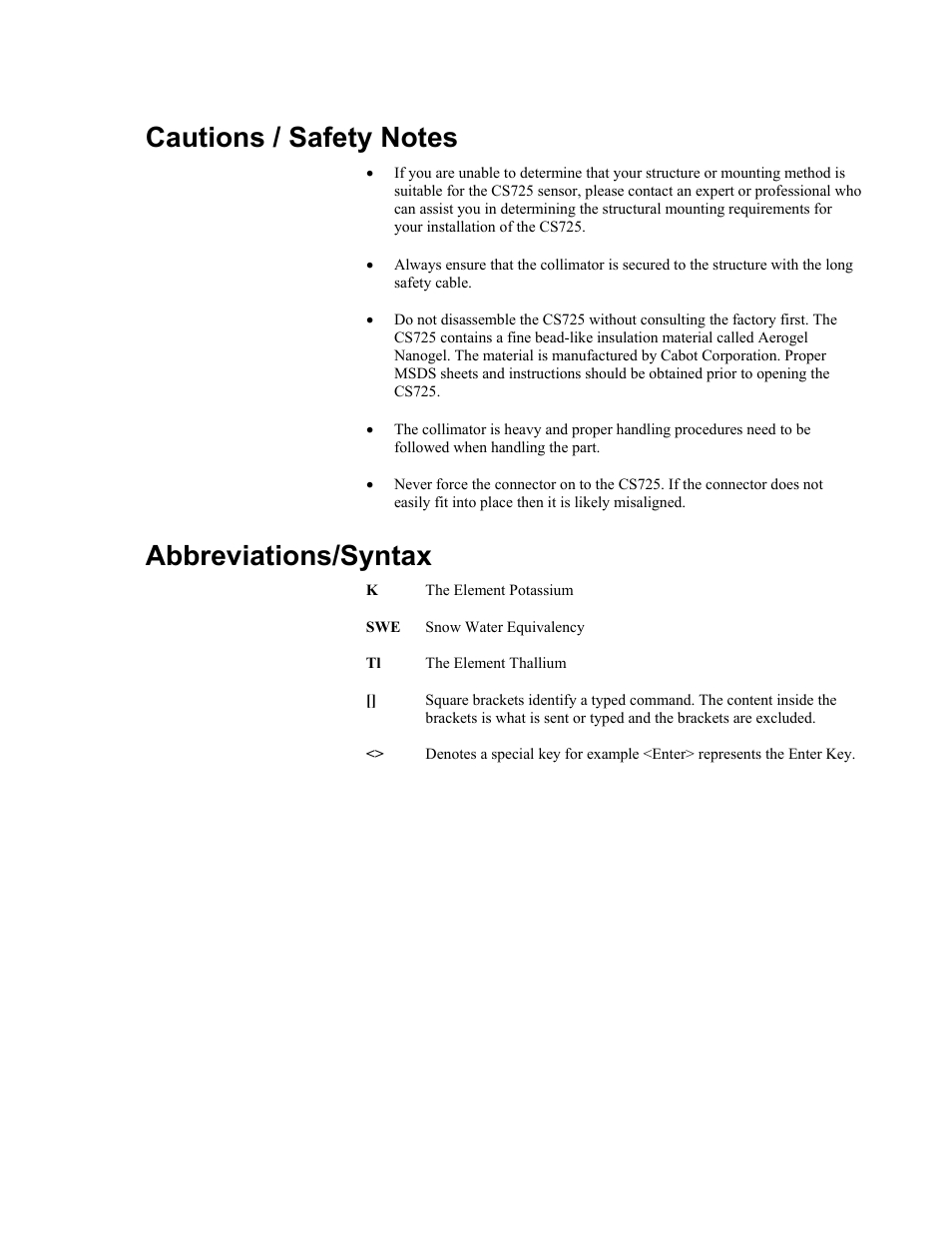 Cautions / safety notes, Abbreviations/syntax | Campbell Scientific CS725 Snow Water Equivalency Sensor User Manual | Page 7 / 48