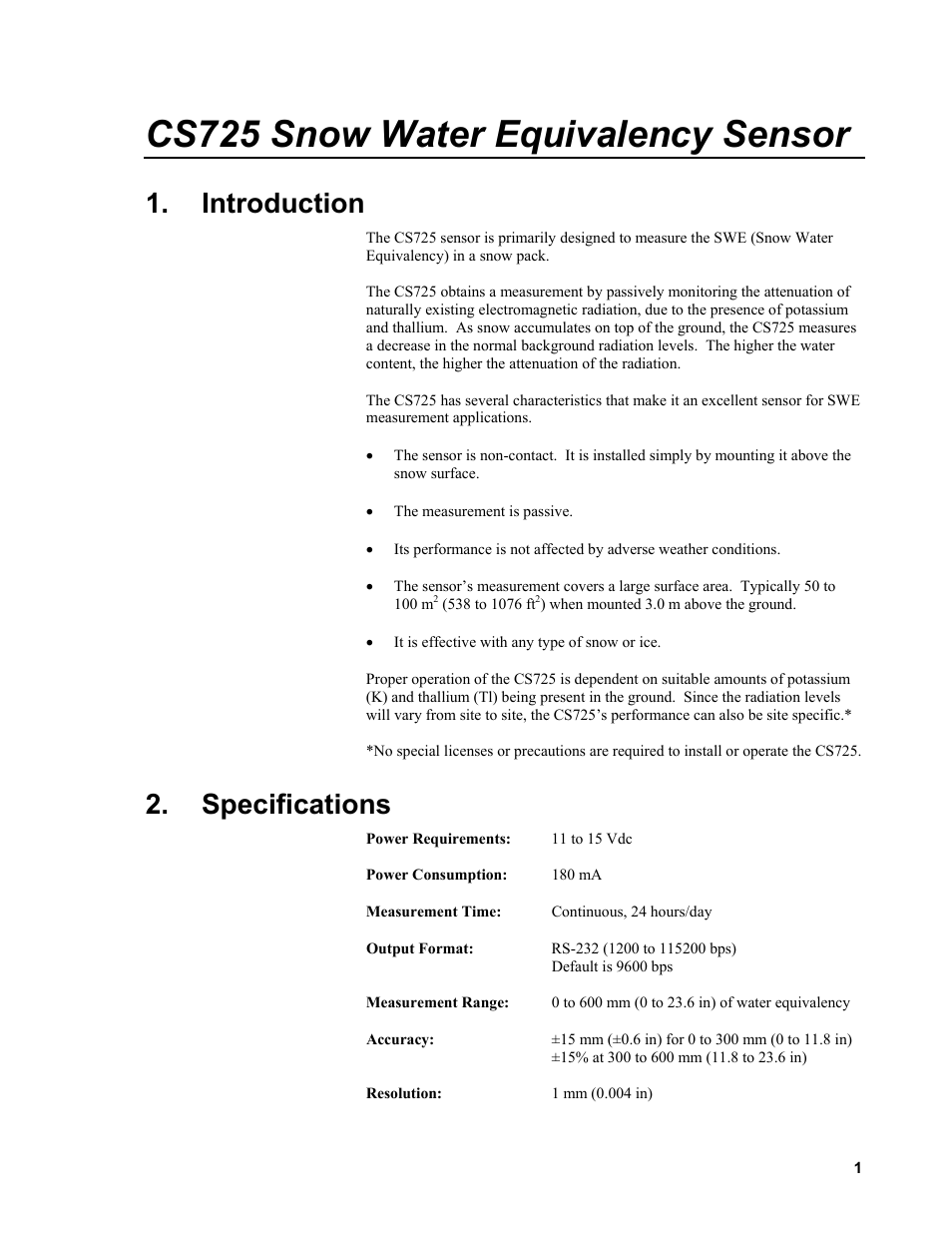 Introduction, Specifications, Cs725 snow water equivalency sensor | Campbell Scientific CS725 Snow Water Equivalency Sensor User Manual | Page 9 / 48