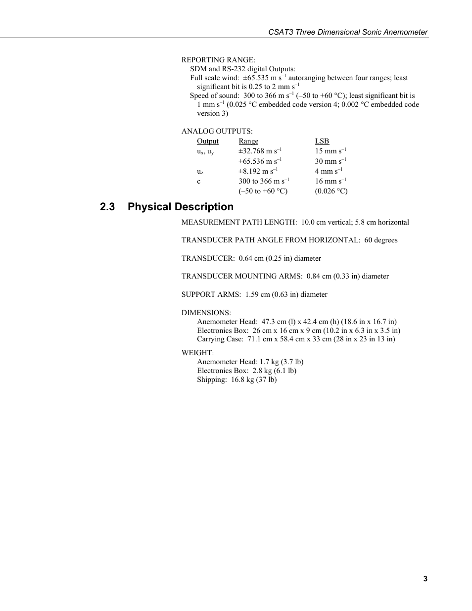 3 physical description, Physical description | Campbell Scientific CSAT3 3-D Sonic Anemometer User Manual | Page 13 / 74
