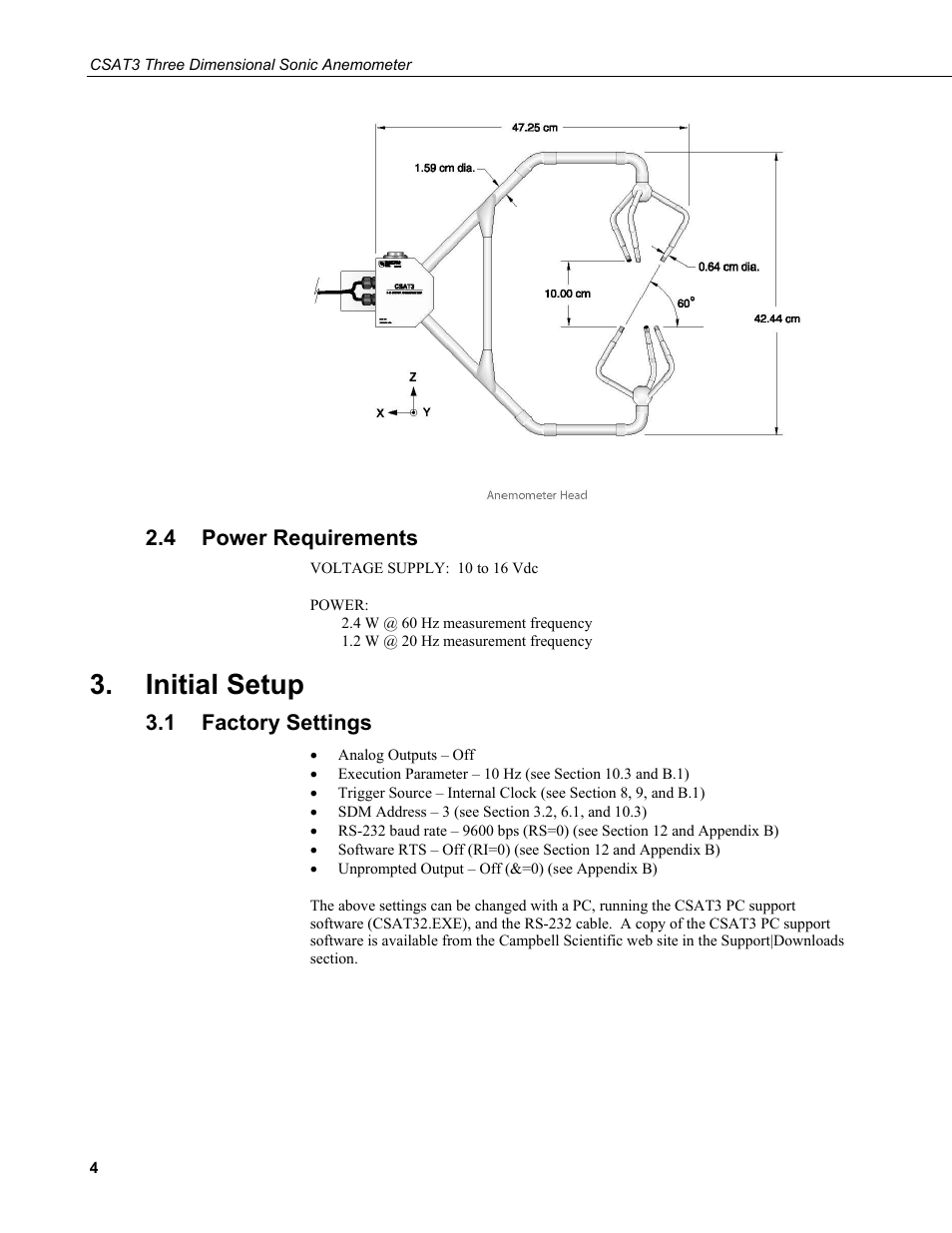 4 power requirements, Initial setup, 1 factory settings | Power requirements, Factory settings | Campbell Scientific CSAT3 3-D Sonic Anemometer User Manual | Page 14 / 74