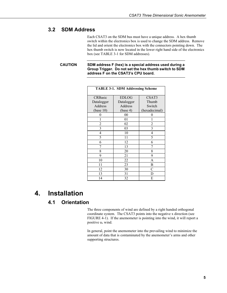 2 sdm address, Installation, 1 orientation | Sdm address, Orientation, 1. sdm addressing scheme | Campbell Scientific CSAT3 3-D Sonic Anemometer User Manual | Page 15 / 74