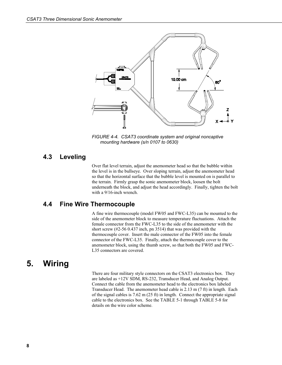 3 leveling, 4 fine wire thermocouple, Wiring | Leveling, Fine wire thermocouple, Hardware (s/n 0107 to 0630) | Campbell Scientific CSAT3 3-D Sonic Anemometer User Manual | Page 18 / 74