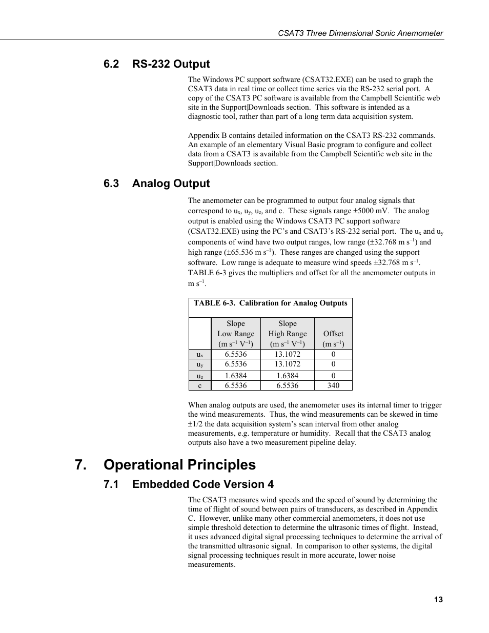 2 rs-232 output, 3 analog output, Operational principles | 1 embedded code version 4, Rs-232 output, Analog output, Embedded code version 4, 3. calibration for analog outputs | Campbell Scientific CSAT3 3-D Sonic Anemometer User Manual | Page 23 / 74