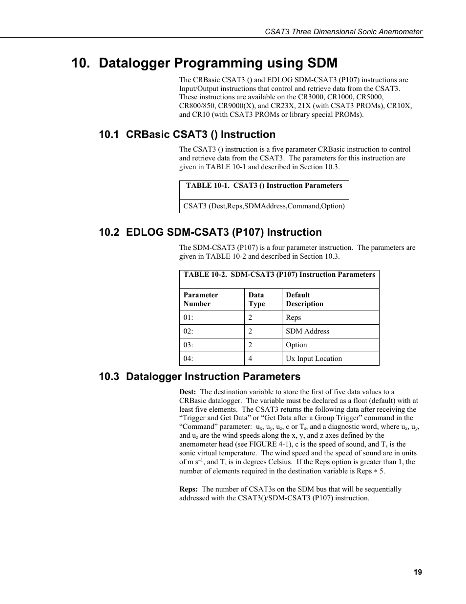 Datalogger programming using sdm, 1 crbasic csat3 () instruction, 2 edlog sdm-csat3 (p107) instruction | 3 datalogger instruction parameters, Crbasic csat3 () instruction, Edlog sdm-csat3 (p107) instruction, Datalogger instruction parameters, 1. csat3 () instruction parameters, 2. sdm-csat3 (p107) instruction parameters | Campbell Scientific CSAT3 3-D Sonic Anemometer User Manual | Page 29 / 74