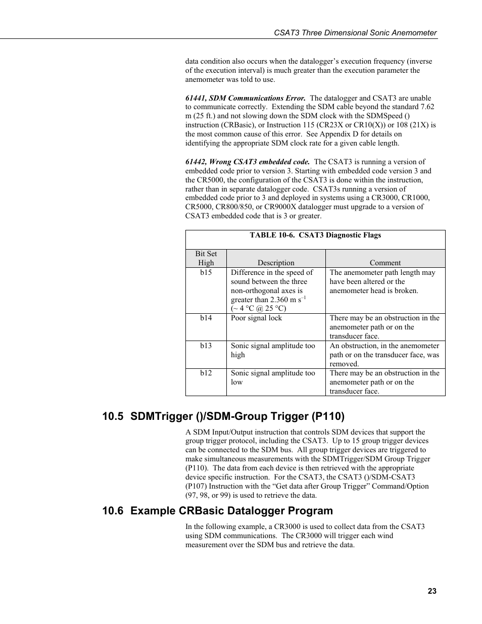 5 sdmtrigger ()/sdm-group trigger (p110), 6 example crbasic datalogger program, Sdmtrigger ()/sdm-group trigger (p110) | Example crbasic datalogger program, 6. csat3 diagnostic flags | Campbell Scientific CSAT3 3-D Sonic Anemometer User Manual | Page 33 / 74