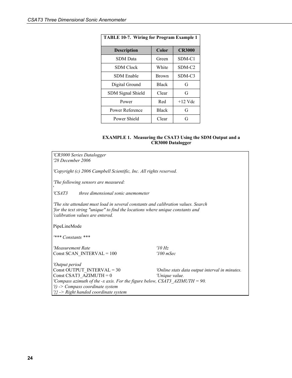 7. wiring for program example 1 | Campbell Scientific CSAT3 3-D Sonic Anemometer User Manual | Page 34 / 74