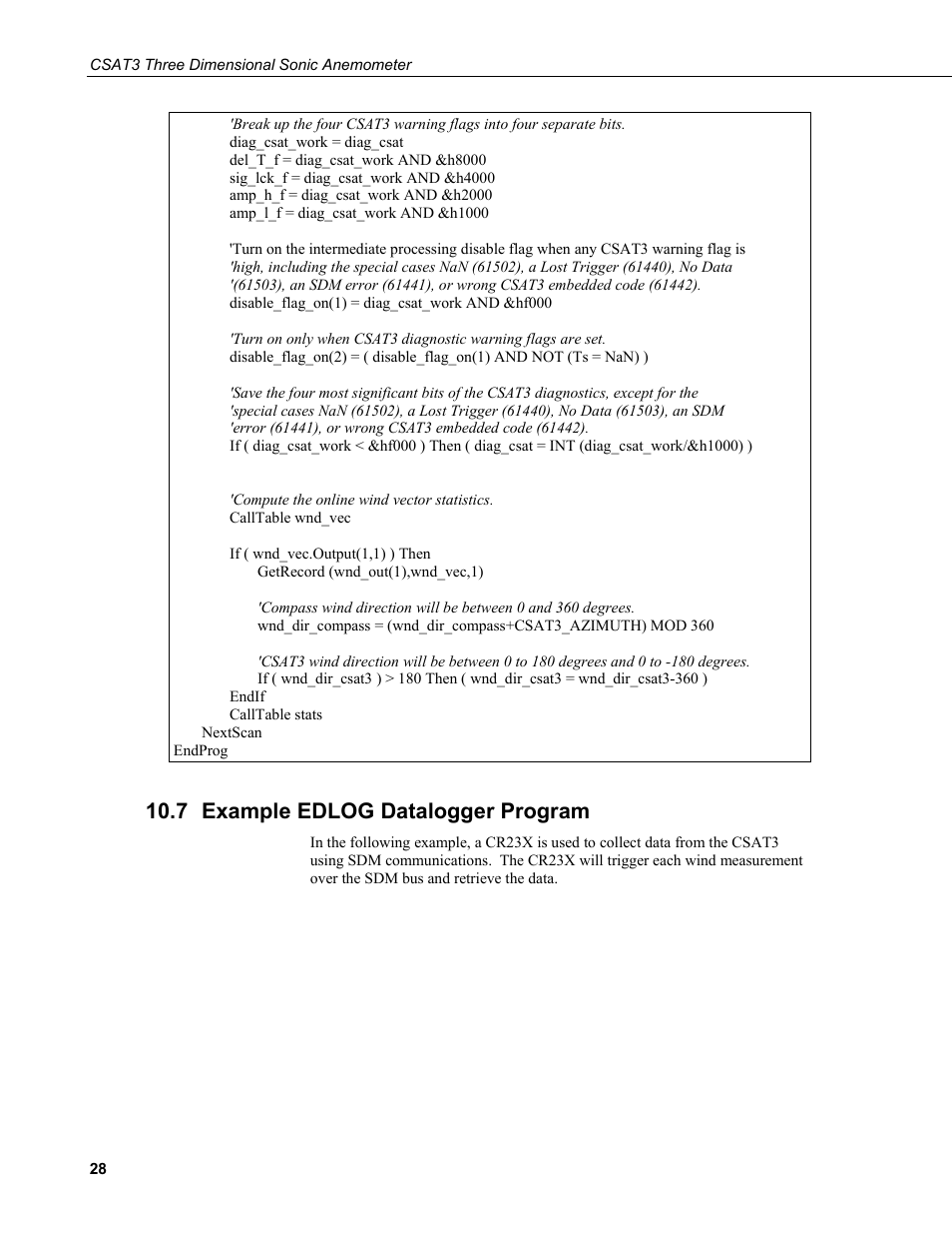 7 example edlog datalogger program, Example edlog datalogger program | Campbell Scientific CSAT3 3-D Sonic Anemometer User Manual | Page 38 / 74