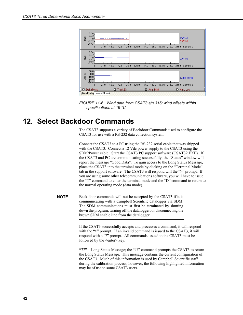 Select backdoor commands, Specifications at 19 °c | Campbell Scientific CSAT3 3-D Sonic Anemometer User Manual | Page 52 / 74