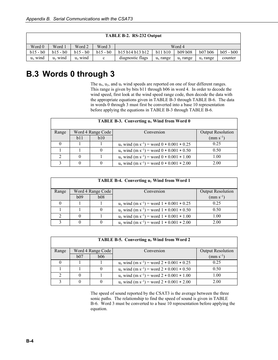 B.3 words 0 through 3, B-3. converting u, B-4. converting u | B-5. converting u, N table b-2 | Campbell Scientific CSAT3 3-D Sonic Anemometer User Manual | Page 62 / 74