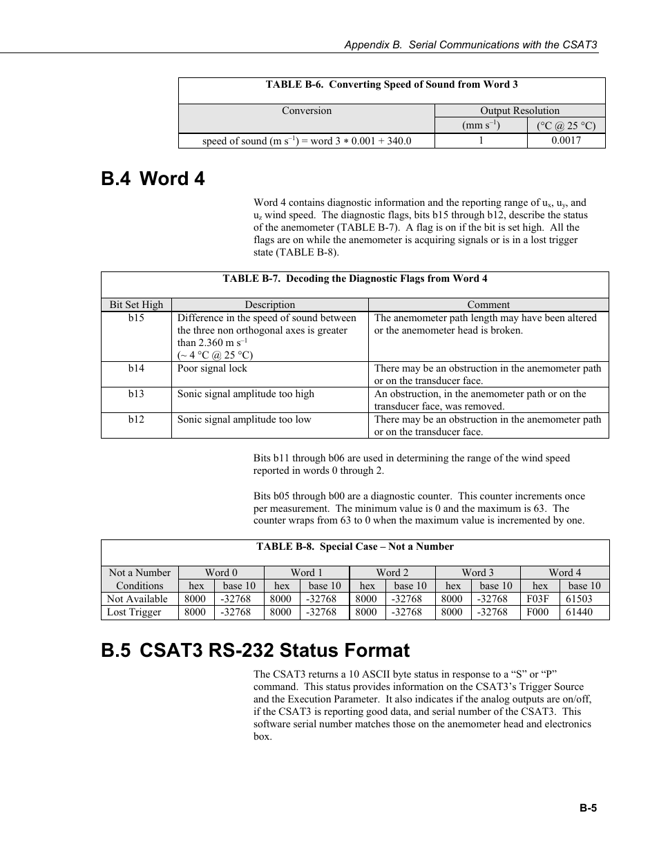 B.4 word 4, B.5 csat3 rs-232 status format, H table b-6 | Table b-6, Table | Campbell Scientific CSAT3 3-D Sonic Anemometer User Manual | Page 63 / 74